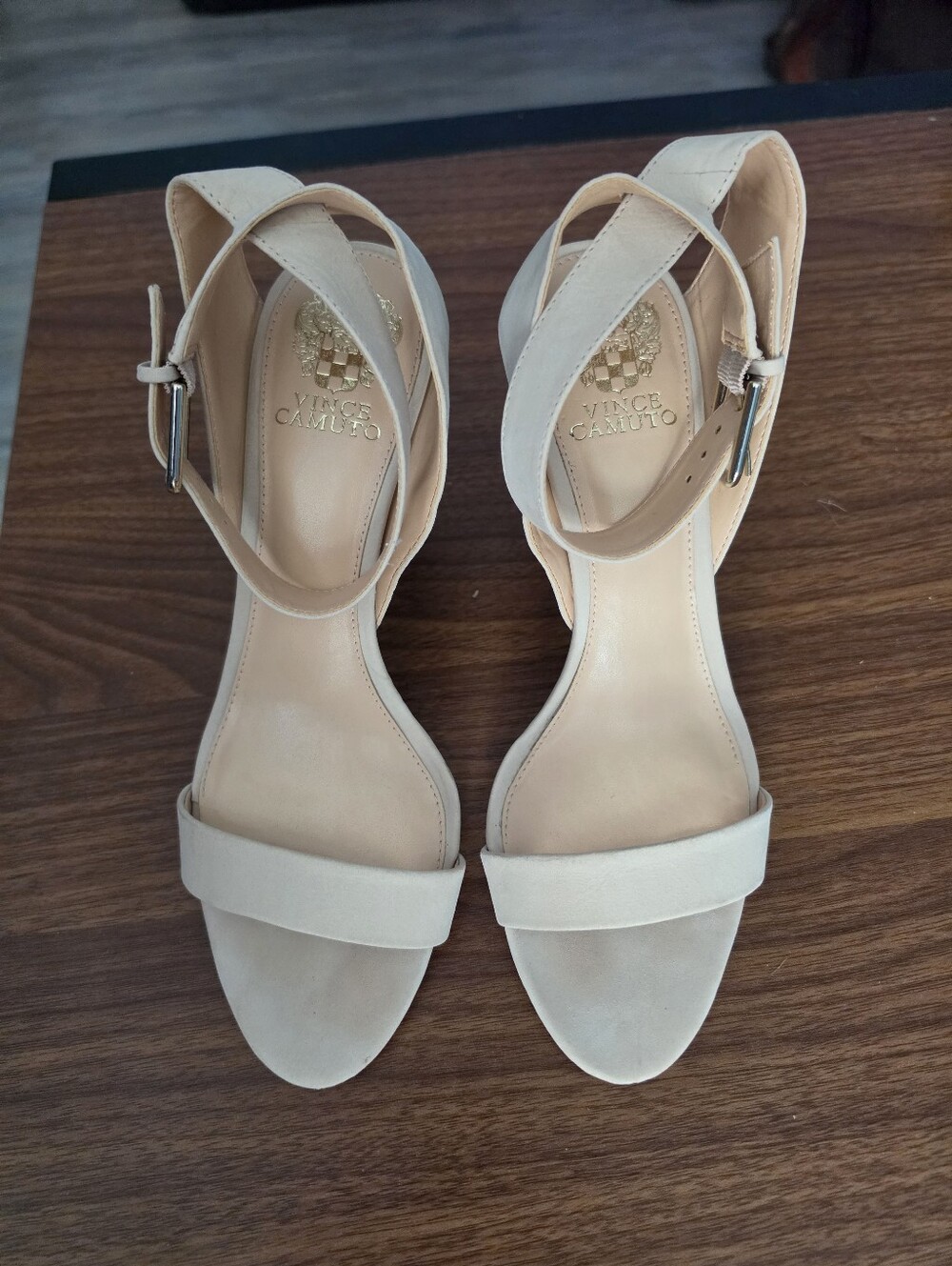 Vince Camuto Beige Ankle-Strap Block Heel Sandals